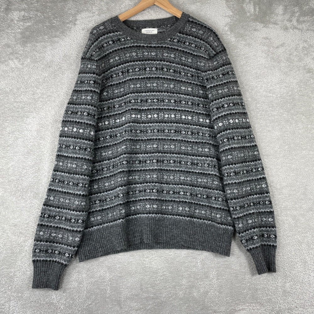 American Eagle Sweater Womens XL Gray Fair Isle Knit Crewneck Pullover Boho Cozy